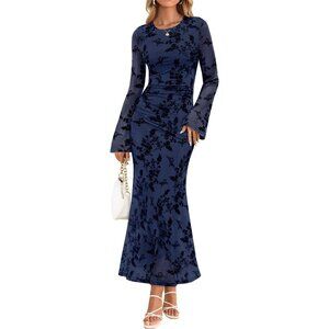 Zesica Women's Navy Ruched Mesh Long Sleeve Floral Bodycon Cocktail Dress